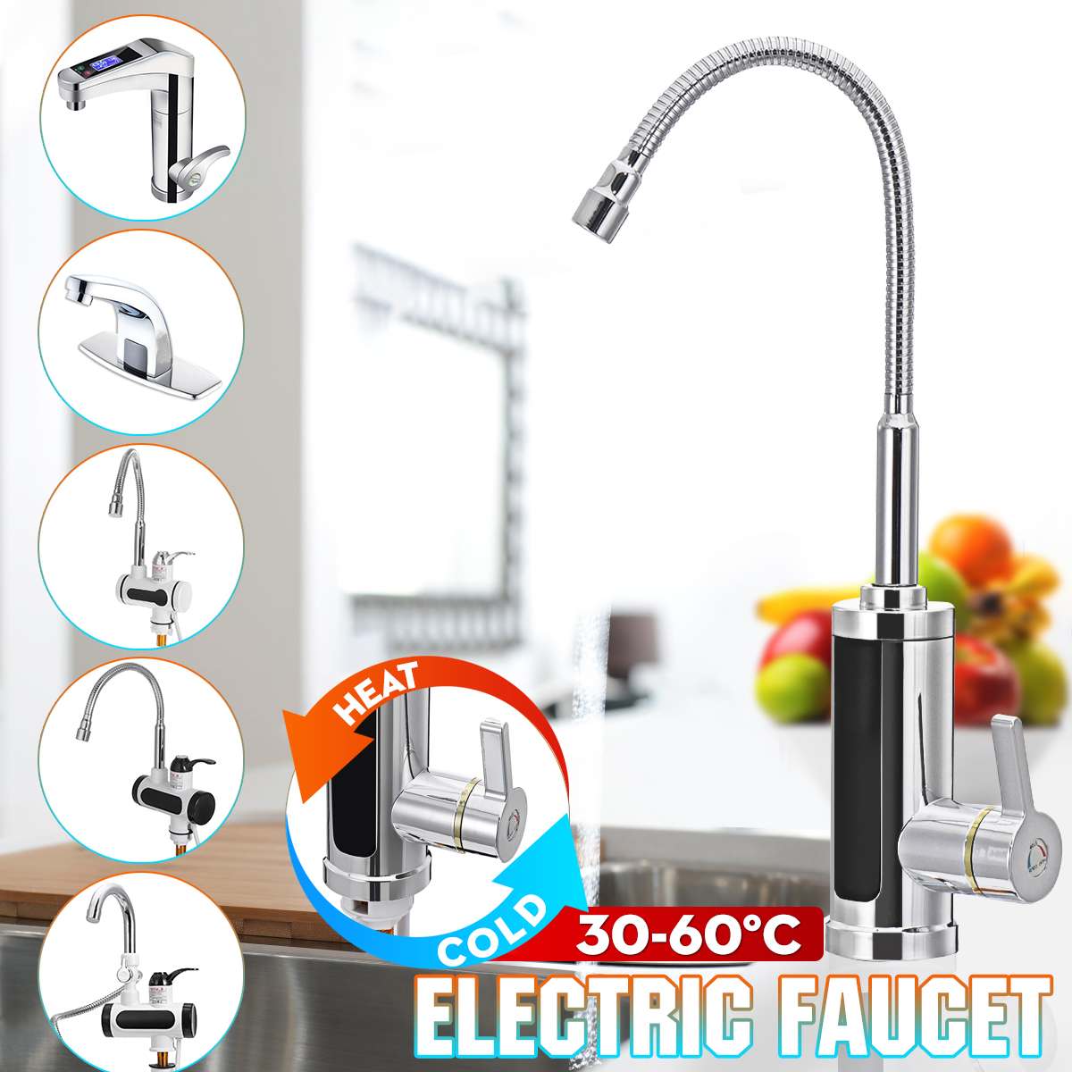 3000W 220V Electric Kitchen Flow Water Heater Tap Instant Water Faucet Heater Cold Heating Tankless Water Heater with LED