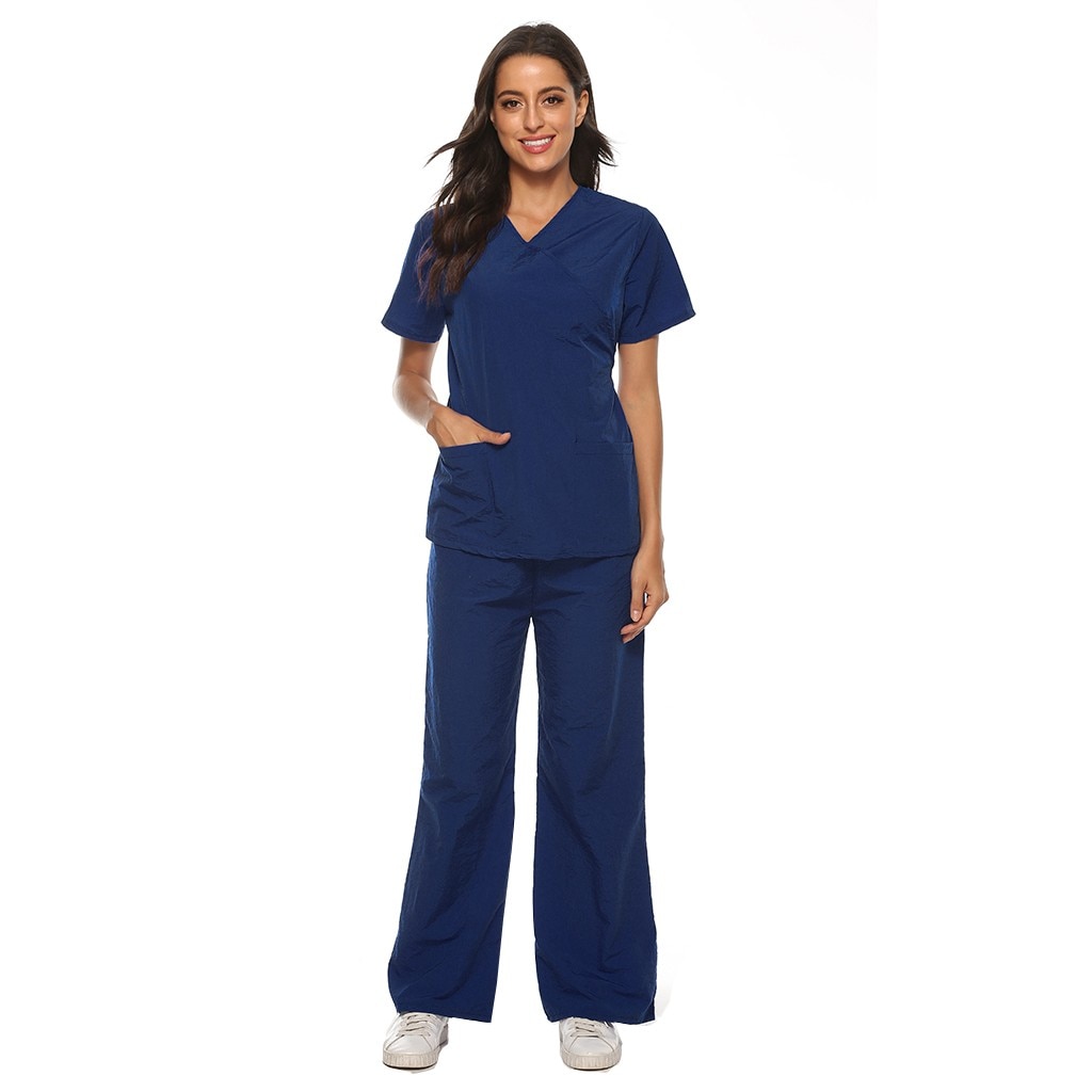 Women Workwear Short Sleeve V-neck Tops+Pants Nursing Working Uniform Set Suit Overalls Clothes Scrub uniform protection