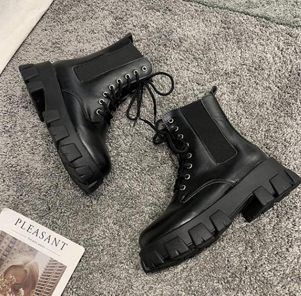 Botas Martin al tobillo de charol negro para mujer, botas con plataforma alta, antideslizantes, suela resistente al desgaste, botines para mujer