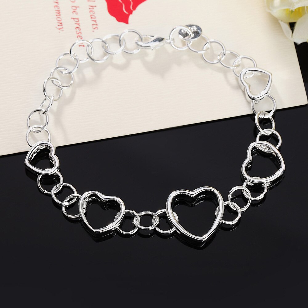 925 en Argent Sterling Manchette Coeur Perles Chaîne Bracelet À Breloques Pour femmes 20cm pour adolescent Filles Dame Femmes Bijoux