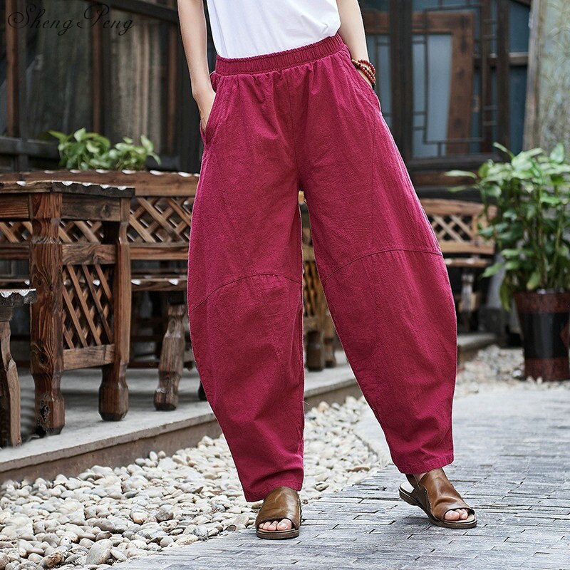 Pantalones Vintage de pierna ancha para mujer, pantalón holgado de lino y algodón, con cintura elástica, color sólido, Q802,