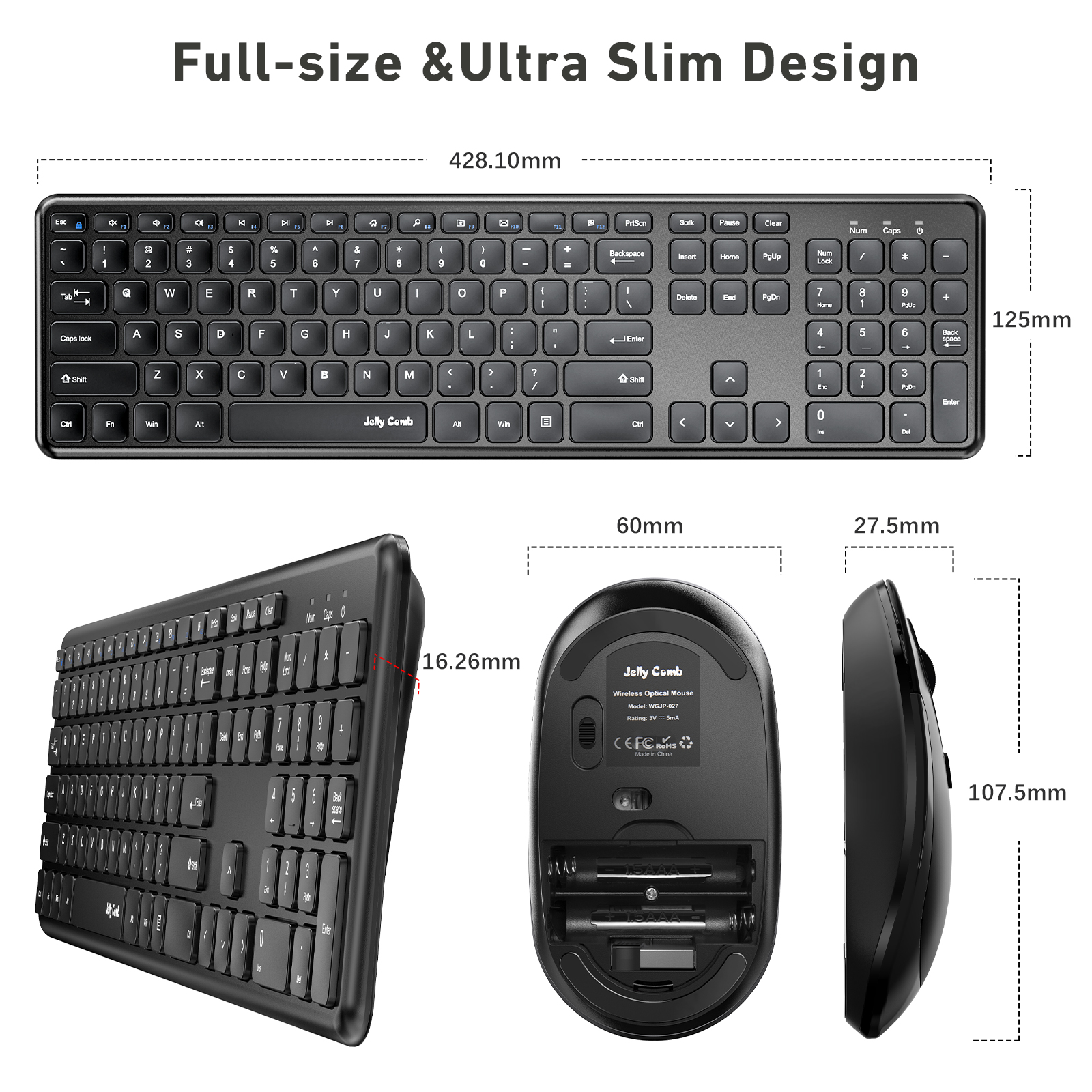 Jelly Comb 2.4G Wireless Keyboard and Mouse Combo Full Size Wireless Keyboard Ultra-Thin Mousee for Computer Laptop PC Deskt