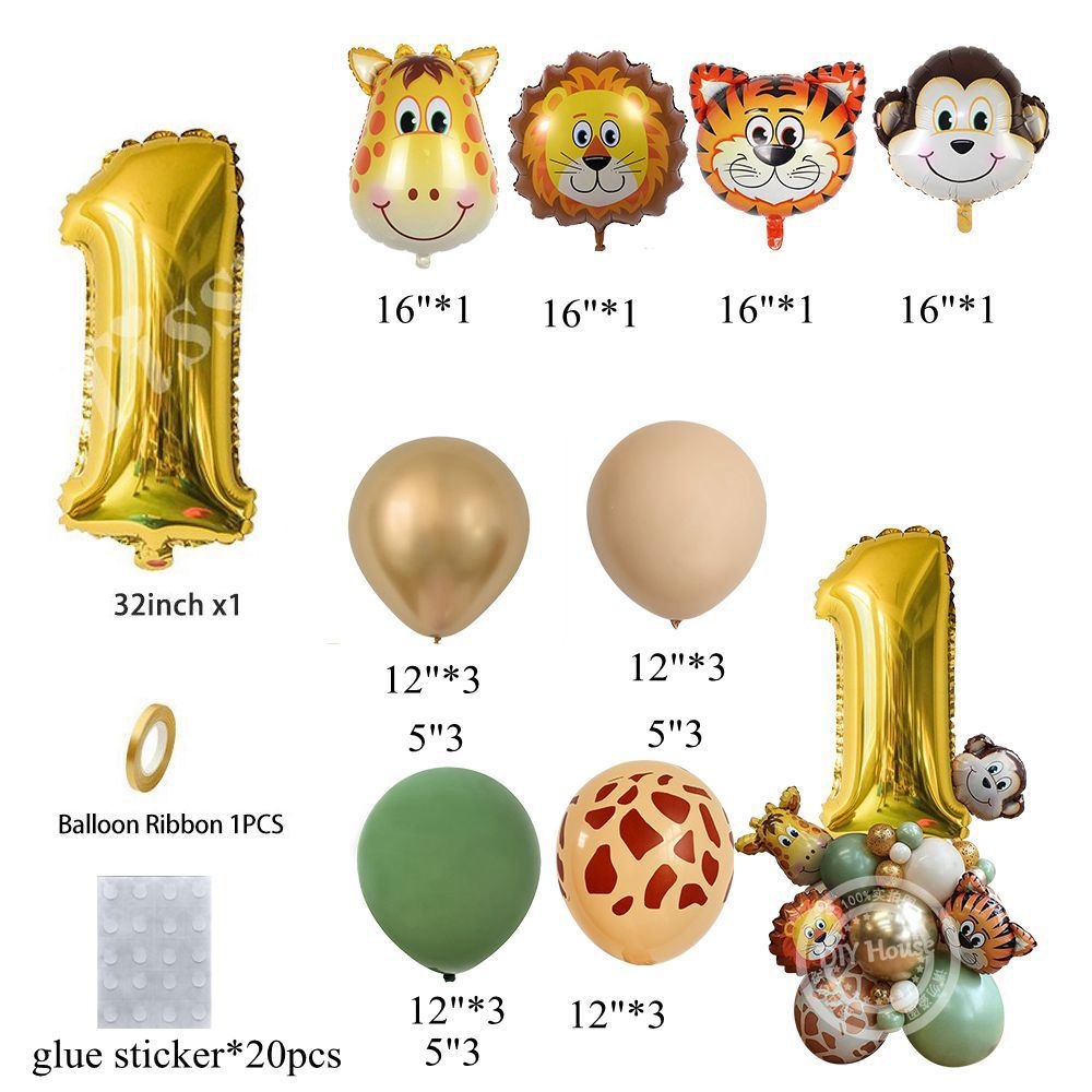 Wild Dieren Ballon Toren met Gouden 1-9 Nummer Ballon voor Jongen Jungle Safari Verjaardagsfeestje Decoratie Bos Party Supply