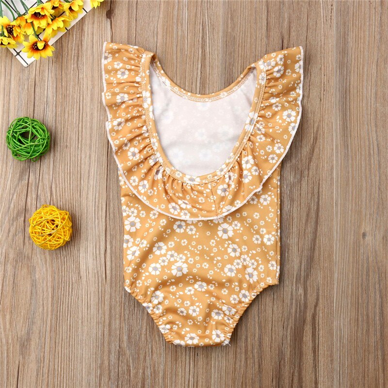 Summer Tankinis toddler kids Yellow little flowers Cute costume one piece bathing beachwear Ruffles 1-6T baby girl Swimsuit