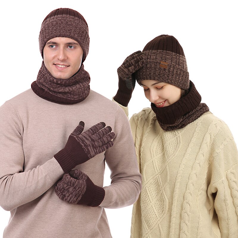3pcs/set Winter Autumn Knitted Scarf Hat Glove Sets Warm Windproof Thickened Soft Touch Screen Gloves Suit