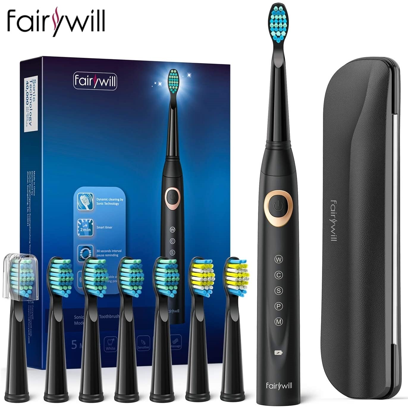 Fairywill FW-508 Sonic Electric Toothbrush Rechargeable Timer Brush 5 Modes Fast Charge Tooth Brush 8 Brush Heads for Adults
