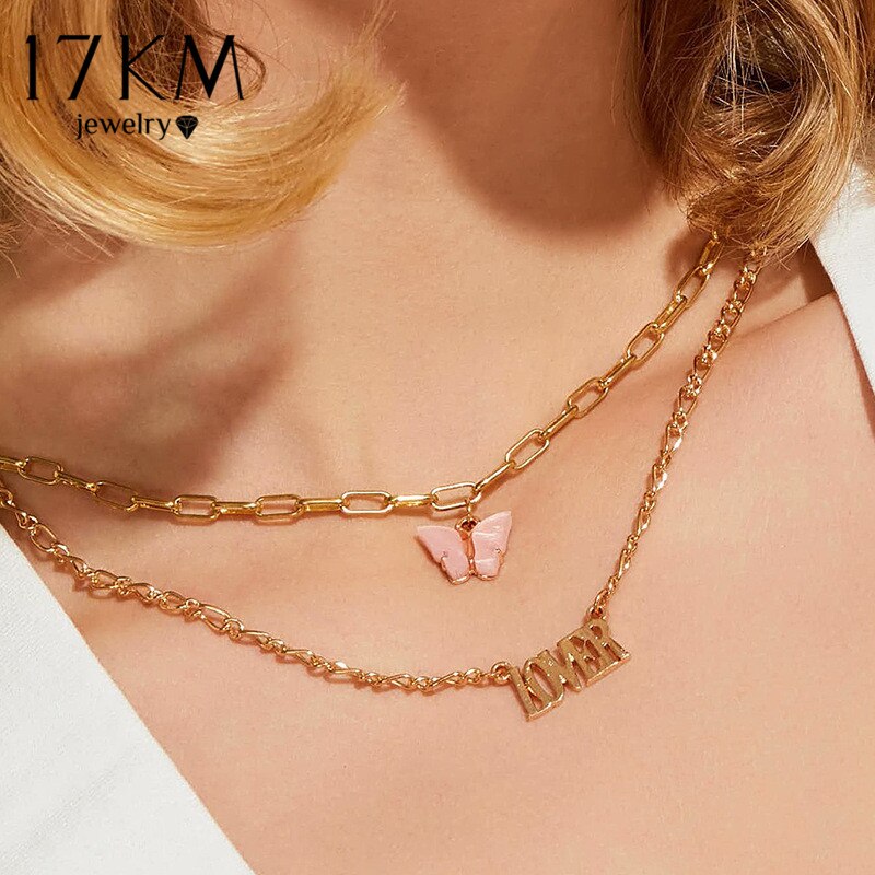 17KM collares con letras personalizadas de nombre para mujer, cadena de mariposas multicapa, números colgantes de palabra, collar de joyería Vintage