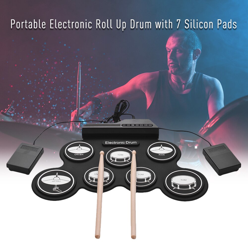 Compact Size Usb Roll-Up Silicon Drum Set Digitale Elektronische Drum Kit 7 Drum Pads Met Drumsticks Voet Pedalen voor Beginners