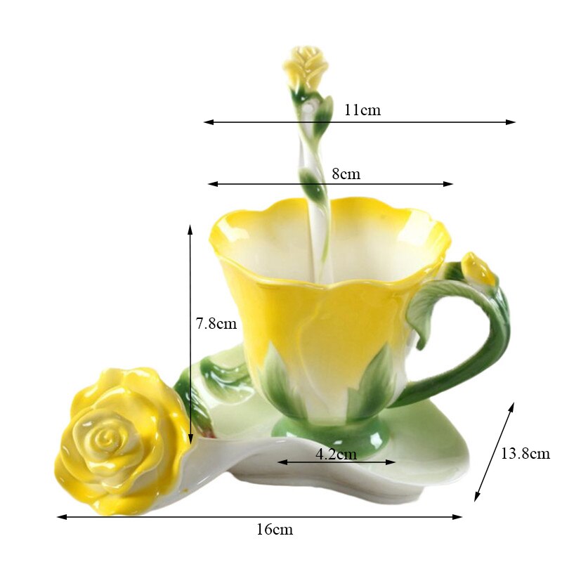 Creatieve Mode 3D Rose Vorm Bloem Emaille Keramische Koffie Thee Kop En Schotel Lepel Set Porselein Water Cup Valentijnsdag