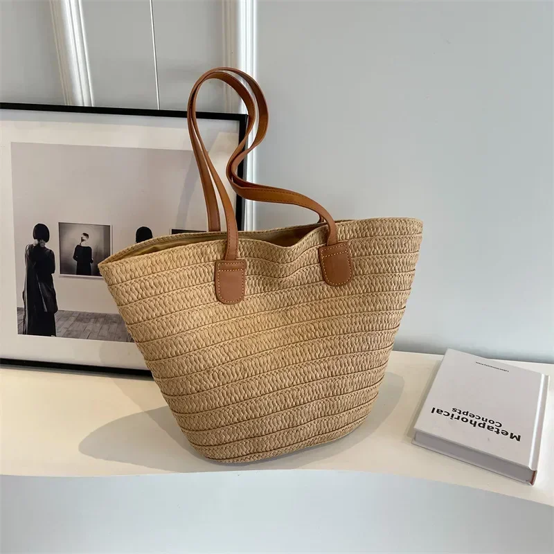 Bolso de mano de cesta trenzada para mujer, bolso de hombro portátil de paja grande, monederos de en la playa, bolso de compras femenino: Verde militar