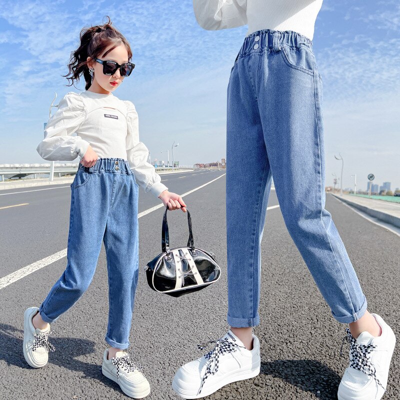Pantalones Vaqueros azules para chicas adolescentes, Vaqueros de cintura alta Vintage, largos e informales, nuevos