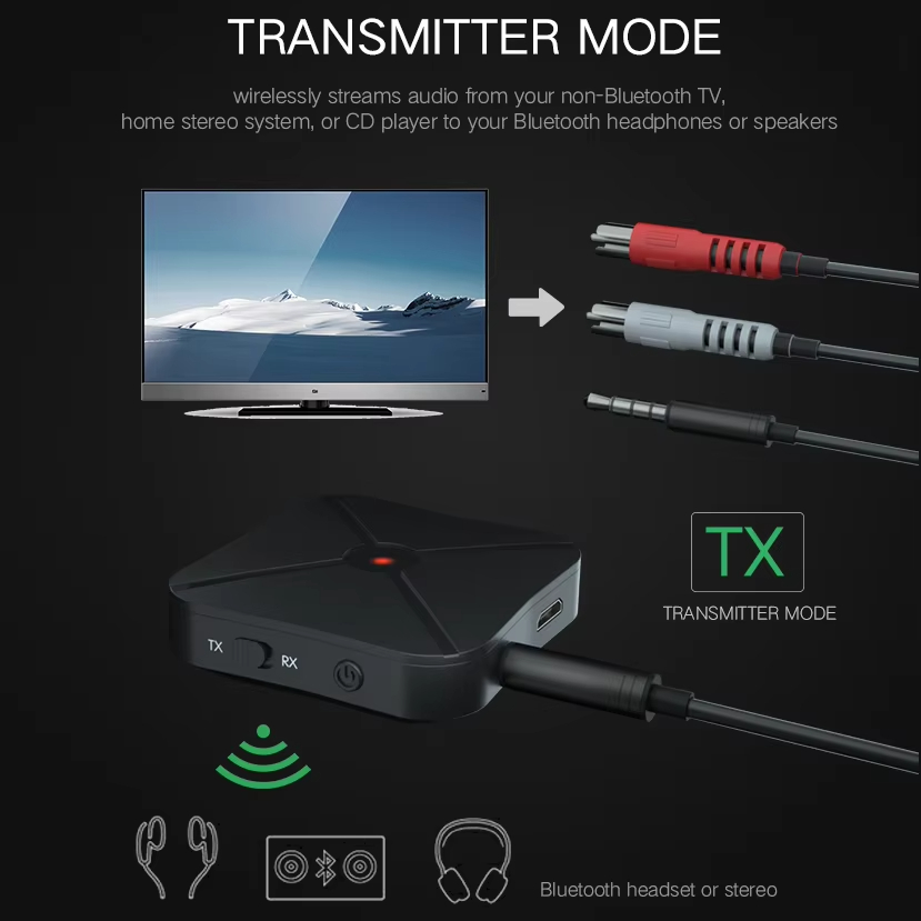 Bluetooth 4.2- mottaker, avsender, 2 i 1 trådløs lydadapter med 3.5mm aux-kontakter, rca-stereo til hjemme-tv,  mp3 pc høyttalere