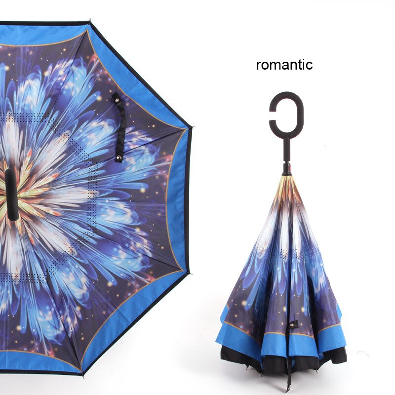 Paraguas plegable inverso resistente al viento, paraguas para hombre y mujer para lluvia y sol, paraguas con mango en C invertido, soporte autónomo para Anti UV de doble capa: romantic