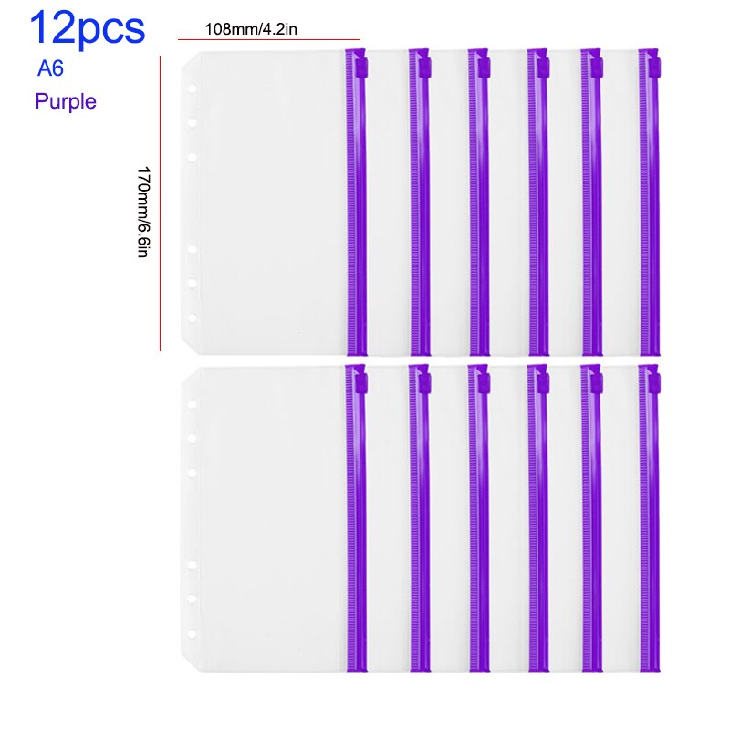 A5 A6 A7 12PCS Binder PocketsBinder Zipper Folders for 6-Ring Notebook Binder Transparent Loose Leaf Pouch Document Filing Bags: 12pcs A6 17x10.8cm2
