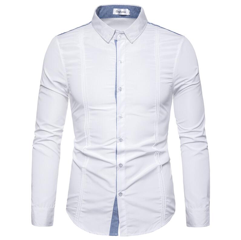 Casual Shirts Men Stitching Denim Long Sleeve Dress Shirt Chest Fold Daily Business Social Camisas 3XL: White Casual Shirts / Asian Size XXXL