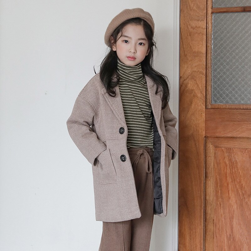Wollen jas herfststijl meisjesjas tienerkleding halflange meisjesjas meisjes lange jas kinderkleding