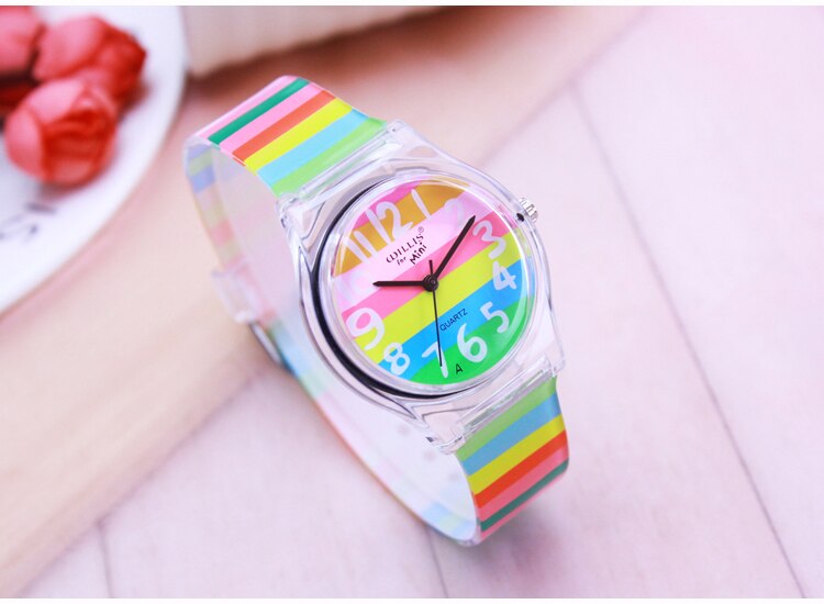 Regenboogstreep dames willis mini horloges hars tafel waterdichte dames tafel regenbogen horloges