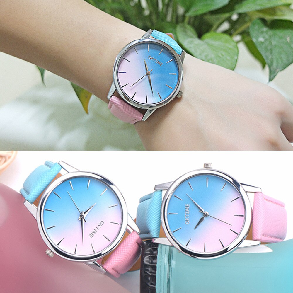 Femmes montre dégradé couleur coloré rétro arc-en-ciel Bracelet en cuir analogique alliage Quartz montre-Bracelet Bracelet montre YE1