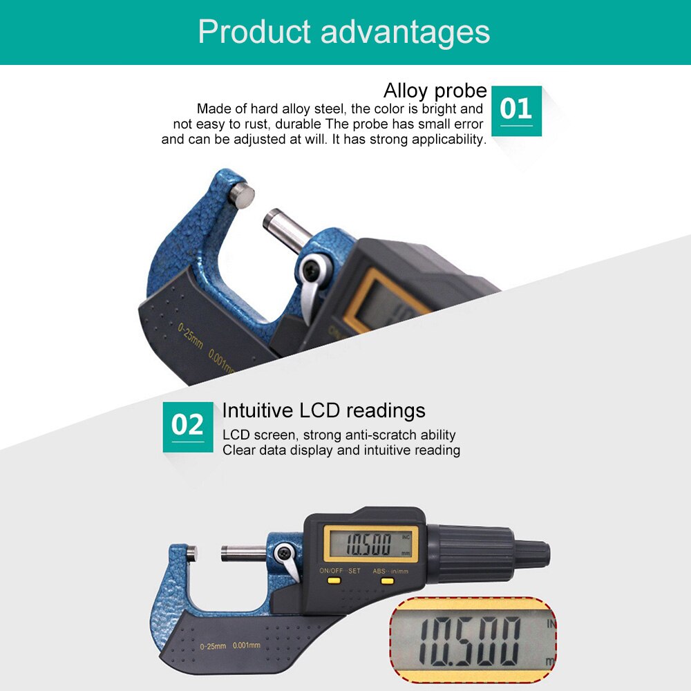 Digital Gauge Measuring Micrometer 0-25mm 0.001mm Metric/Inch Electronic Outside Micrometer Carbide Tip Digital Measuring Tools