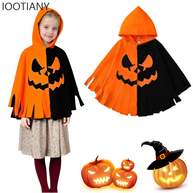 Costume da gioco di ruolo con stampa pipistrello zucca di Halloween Festa di carnevale per bambini Mantello con cappuccio abbinato ai colori arancione e nero Regalo