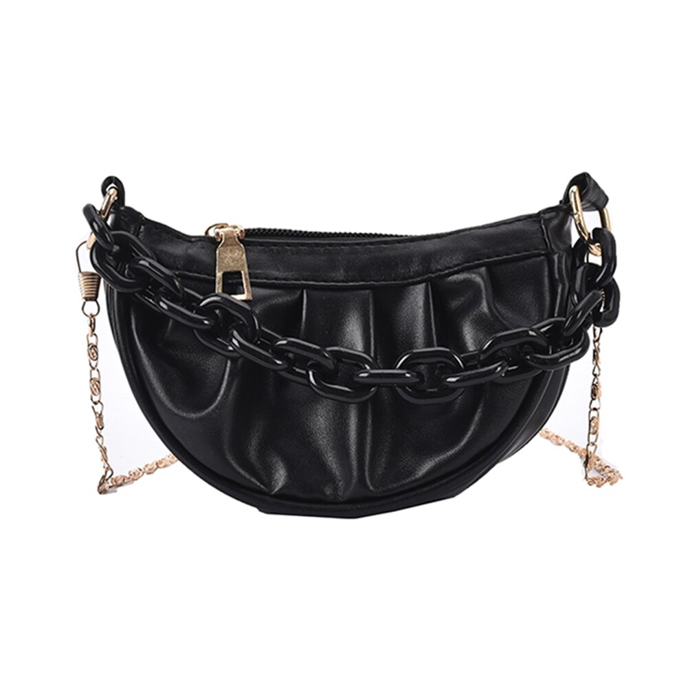 Vintage damen-umhängetasche mit falten, einfarbig, kette, schultertasche aus pu-leder, lässige kleine hobo-handtasche: Schwarz