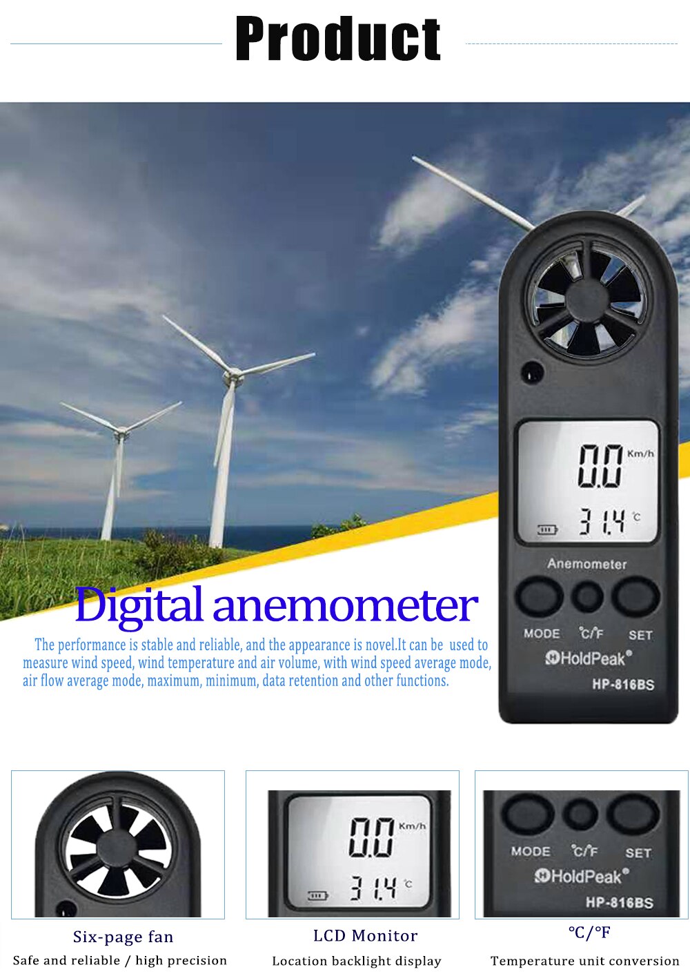Mini Handheld Anemometer HoldPeak HP-816B with Wind Temperature Measurement and Wind Speed Range 0.3 -30m/s