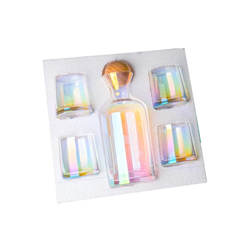 5 Stks/set Water Potten Glazen Karaf Set Houten Deksel Karaf Pitcher Wijn Whisky Bier Sap Set Drinkwater Waterkokers: Color 5pcs