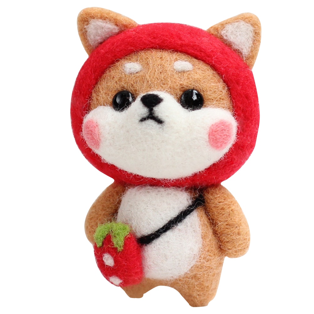 Wool Felt DIY Bag Smiling Strawberry Shiba Inu Needle Animals Wool Felt Poked Knitting Unfinished DIY Wool Felting Package: Strawberry Shiba