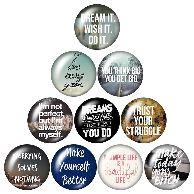 Letters Make yourself better Trust 18mm snap buttons 10pcs mixed round photo glass cabochon style for snap button jewelry: DB0045