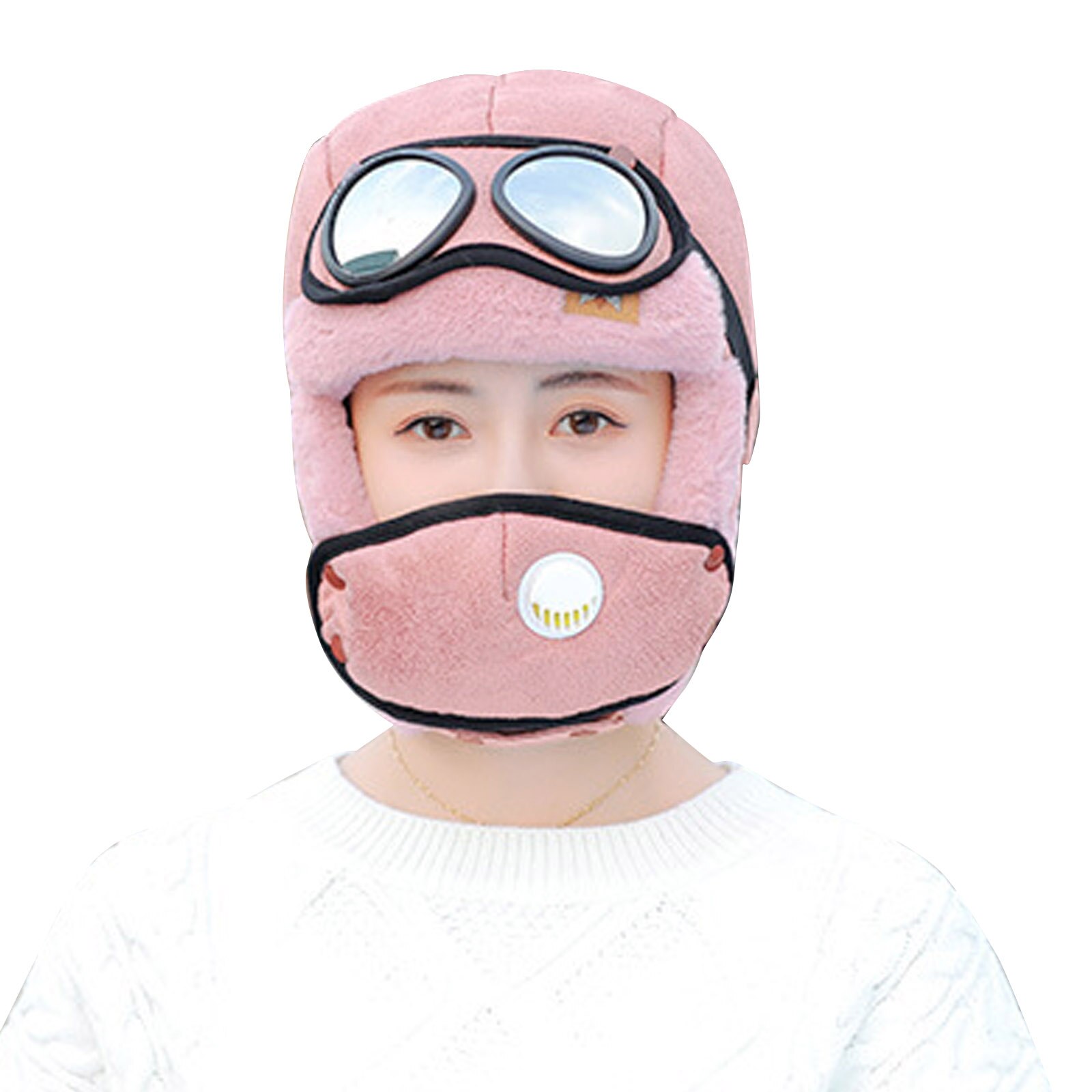Cycling Windproof Outdoor Hat with Ear Flap and Breathing Valves Face Cover Goggles Warm Plush Full Head Hat PR: light pink