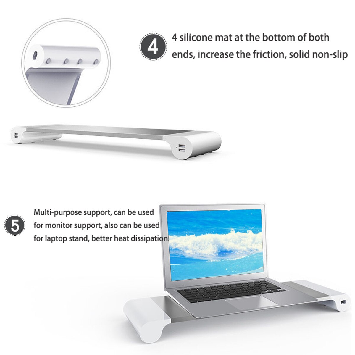 Aluminium Monitor Stand Ruimte Bar Dock Desk Riser Met 4 Usb Poorten Voor Imac Macbook Computer Laptop Hieronder 20inch