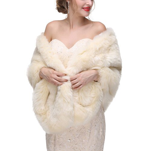 Säljare varma faux päls stolar bröllop wrap vinter bröllop bolero jacka brudrock tillbehör bröllop cape rock: Beige