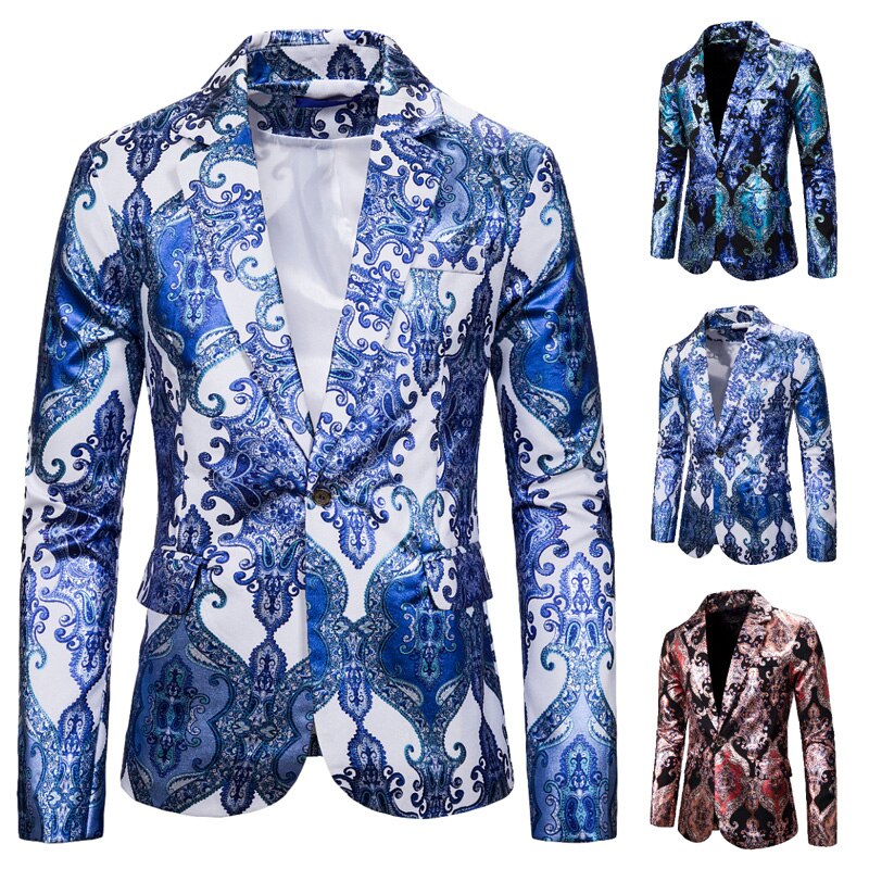 Blazers baroques hommes de luxe Sequin vestes hommes Costumes de scène pour chanteurs hommes cour Blazers bleu Royal impression robe de soirée Club