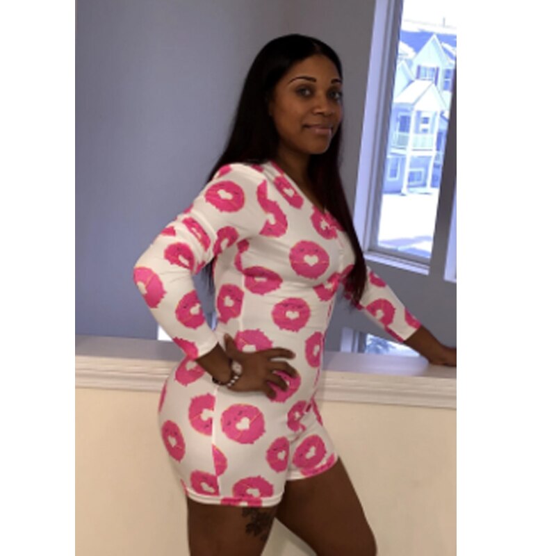 Sexy Onesies Vrouwen Nachtkleding Jumpsuit Lange Mouwen Diepe V-hals Bodycon Stretch Turnpakje Bodysuit Knop Korte Romper Pyjama: 1 / M