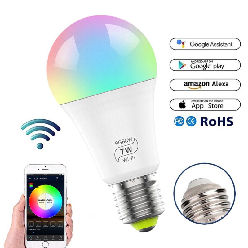 Smart Led Bulb E27 7W Wifi Wireless Voice Control Compatible Alexa Google APP Control Timing Dimming Automation Residential