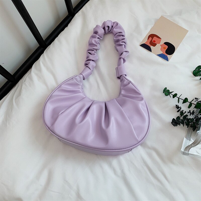 Pleated Cloud Bag Women PU Leather Shoulder Bag Brand Armpit Bag Small Lady Handbag Girls Dumpling Bags boslo: purple