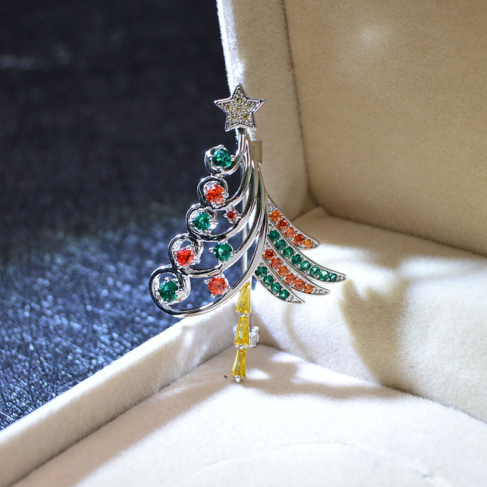 CINDY XIANG Red And Green Color Cubic Zirconia Christmas Tree Brooch Copper Jewelry