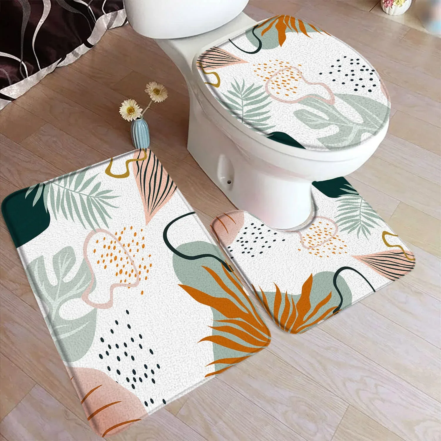 Abstrakt bademattesett fra midten av århundret svart linje grønt blad moderne geometrisk boho hjem teppe baderomsinnredning gulvtepper toaletttrekk: Lilla