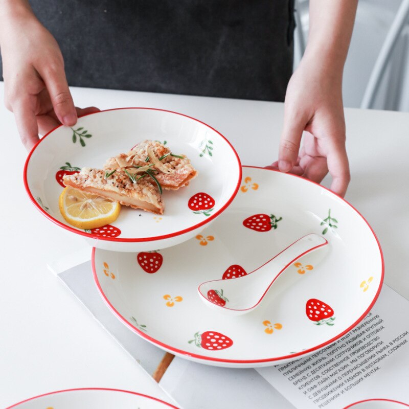 Assiette en céramique dessin animé Style nordique fraise Steak assiette alimentaire vaisselle bol Ins dîner plat haut de gamme porcelaine ensemble de vaisselle
