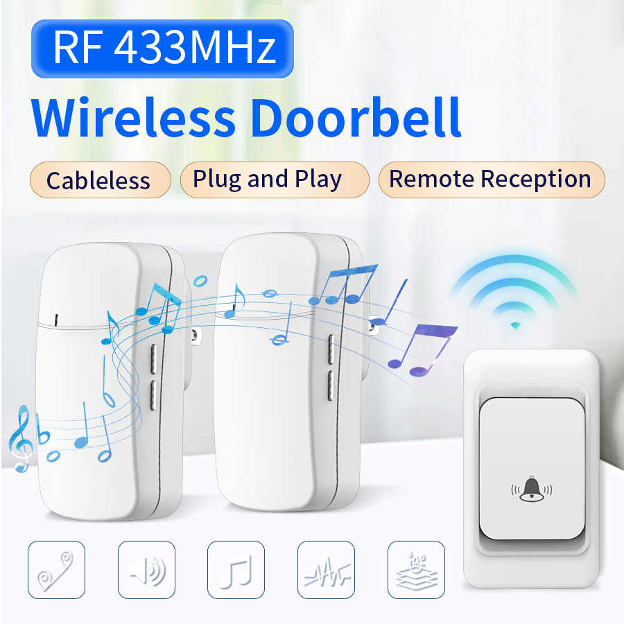 Timbre inalámbrico RF de 433MHz, Kit de timbre para casa, 100M de larga distancia, 38 tonos de llamada, timbre de puerta, enchufe europeo y estadounidense, botón receptor, Control remoto
