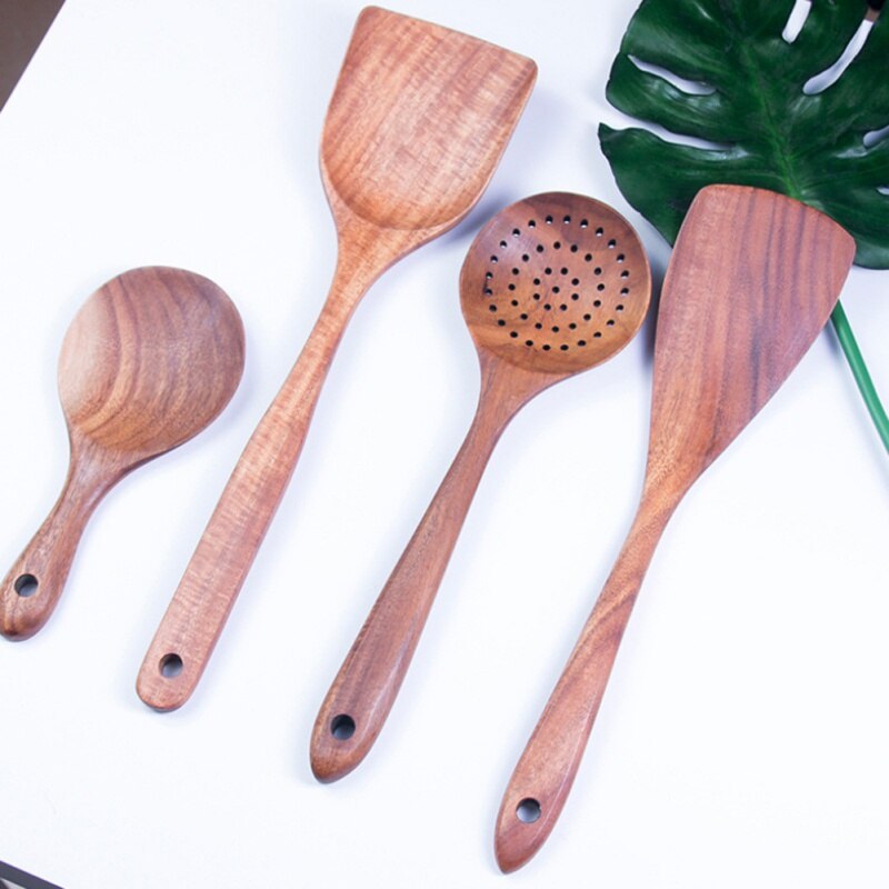 Chinese Style Unpainted Solid Wood Teak Spatula Rice Spoon Kitchen Wooden Spoon For Kitchen Cooking Tools