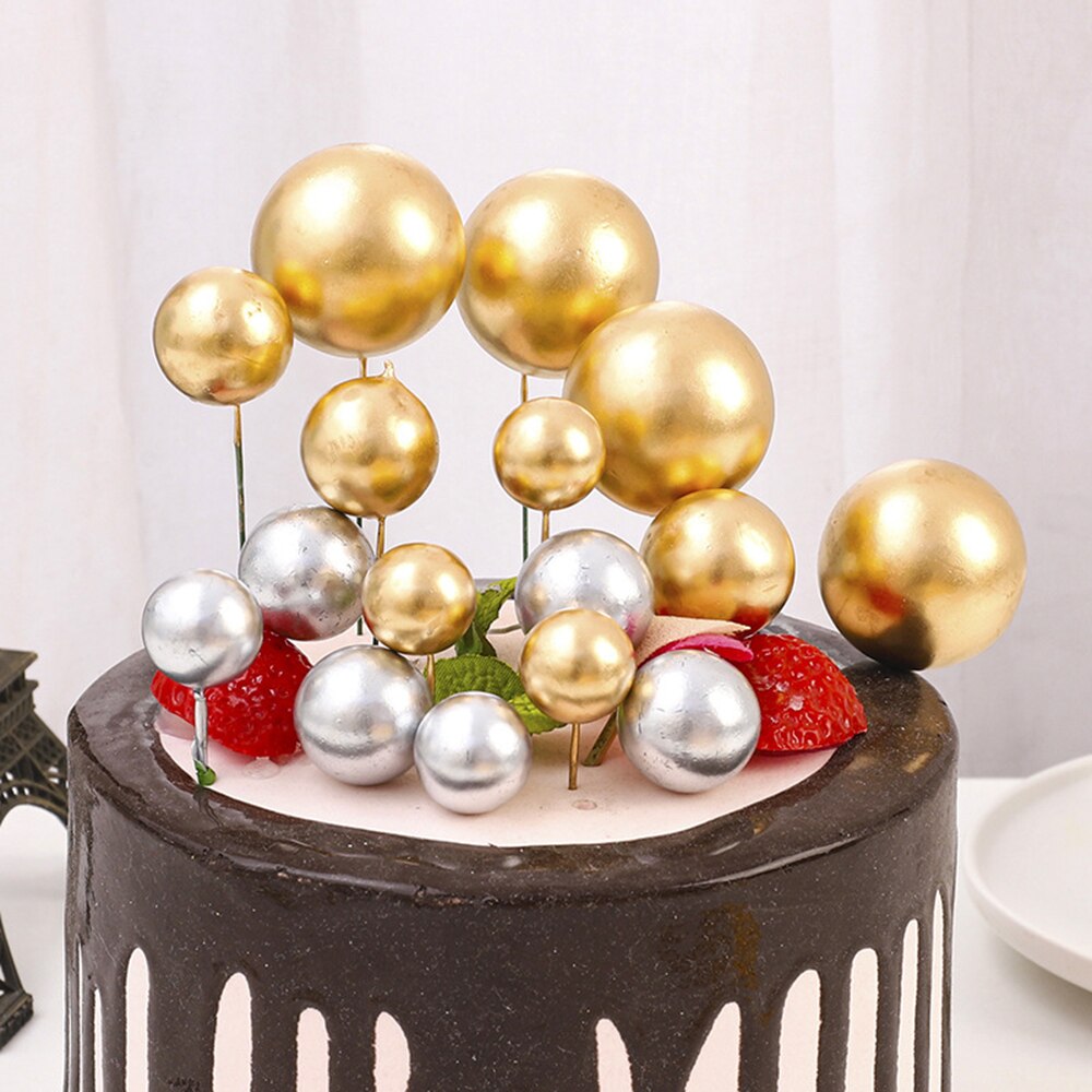 20 pçs bola de metal bolo topper criativo diy decoração do bolo para a festa de aniversário do casamento decorações ouro prata azul rosa cupcake topper