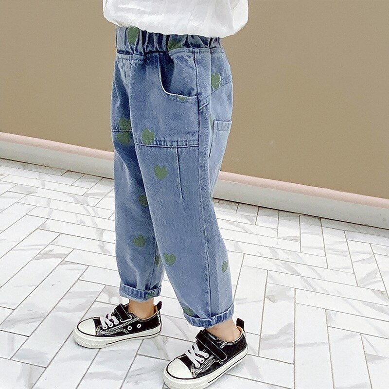Baby piger jeans hjerte print denim bukser til piger elastisk talje børne jeans med hul efterårs nyhedstøj til  i3-8y: 082740- grønne / 4t
