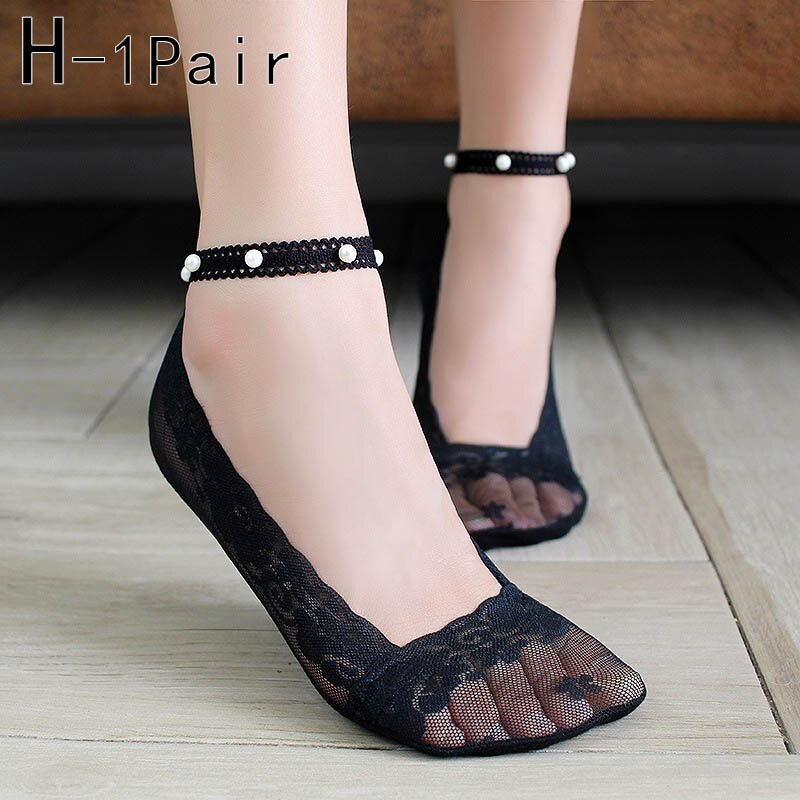 Calcetines cortos transpirables de encaje Floral para mujer, medias finas suaves de estilo coreano, con perlas, para primavera y verano, 1 par: H