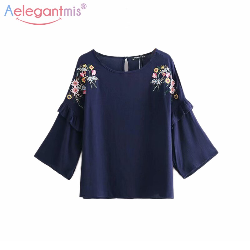 Aelegantmis camisa de gasa suelta azul marino mujeres Chic flor bordado blusas señora Casual manga larga Tops