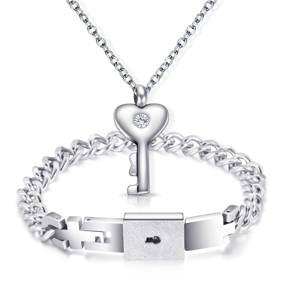 A Couple Jewelry Sets Stainless Steel Love Lock Bracelets Bangles Key Pendant Necklace Couples