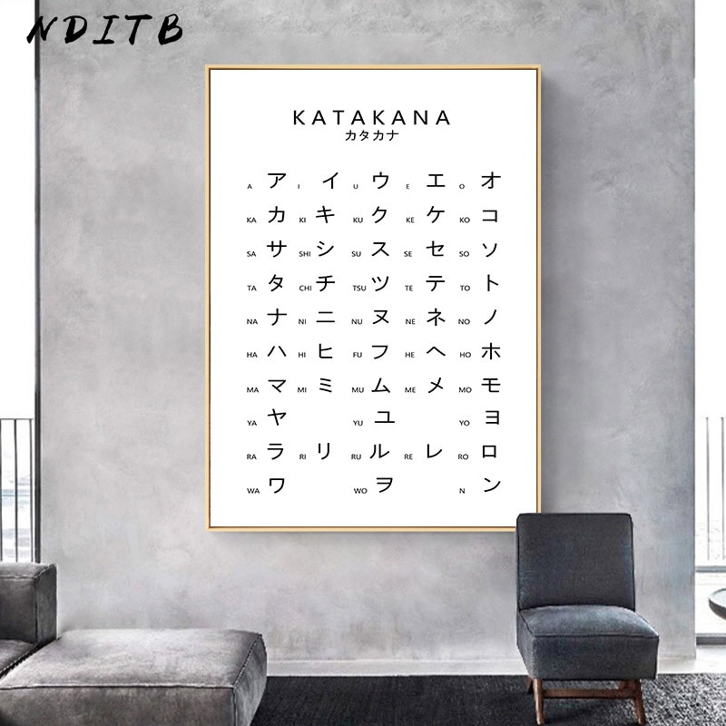 Tabella di Katakana Giappone Alfabeto Poster Nero Bianco di Arte Della Parete Pittura Stampa Su Tela di Formazione Degli Studenti Immagine Moderna Decorazione Della Stanza