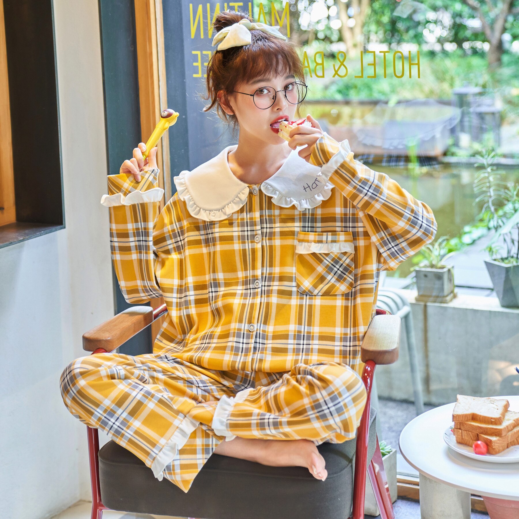Couple Clothes Matching Set Sleep Wear Spring Autumn Pyjama Coton Long Sleeved Plaid Casual Couple Pajamas Home Service Suit: women / M