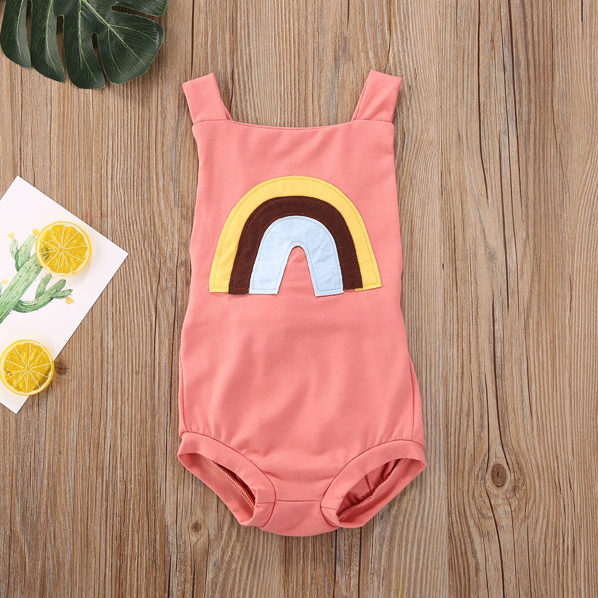 0-24m babygutter gris ermeløse klær av ryggløs romper jumpsuit regnbueprint