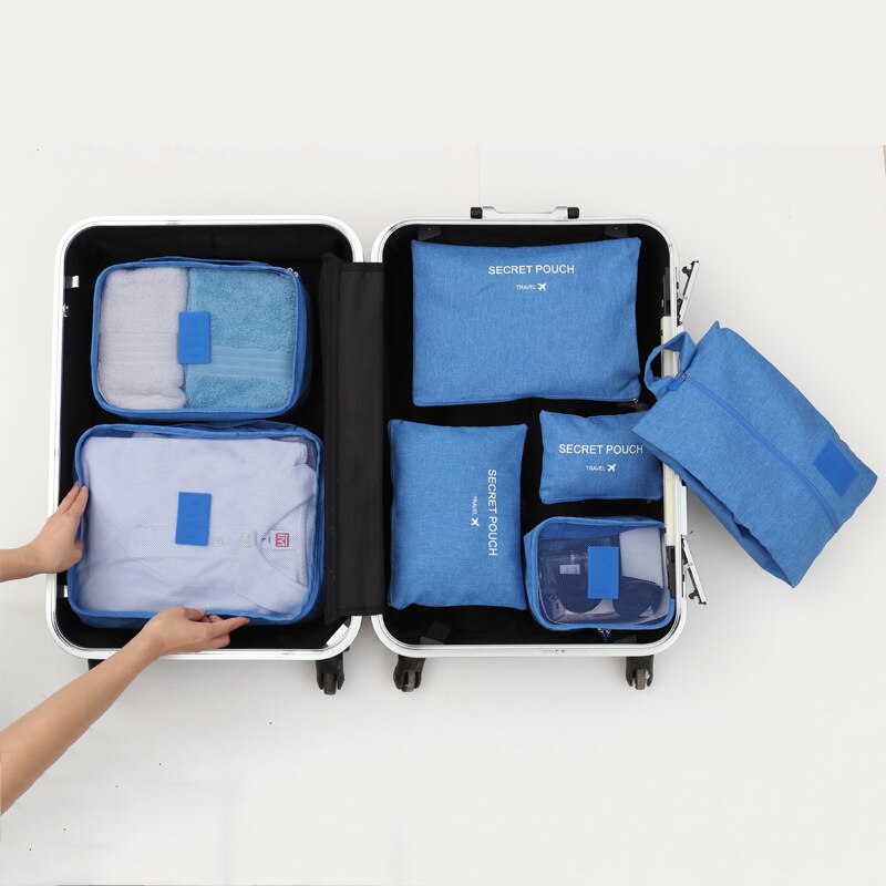 Nova 7 pçs/set De Armazenamento Roupas Íntimas Saco de Viagem Portátil Bagagem Organizador Roupas de Alta Qualidade de Acabamento Conjunto de Malha Saco De Viagem: Azul